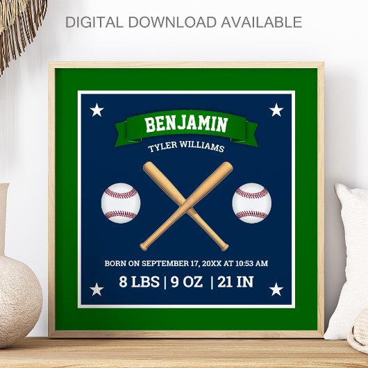 Poster Bâtons de baseball verts et bleus et statistiques 
