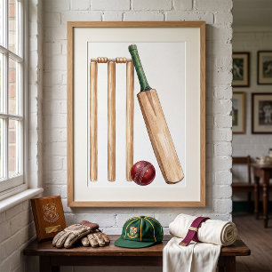 Poster Batte et balle de cricket à l'aquarelle classique
