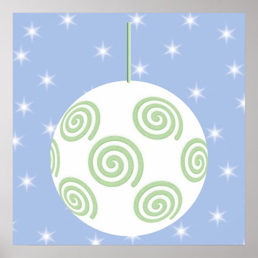 Poster Bauble de Noël blanc et vert. Sur Starry Blue. (Devant)