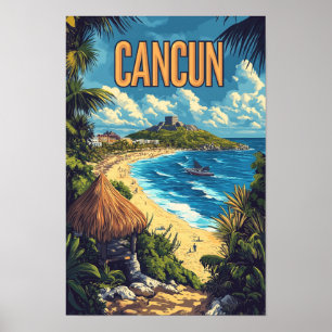 Poster Bautiful Cancun Mexique Illustration Vintage Voyag
