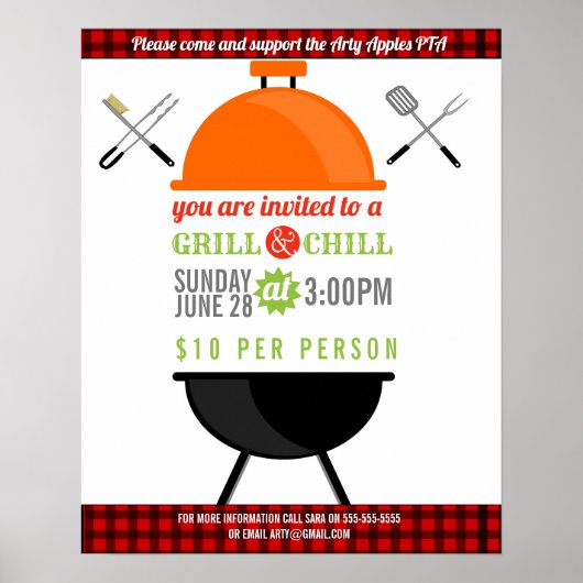 Poster BBQ chill grill collecte de fonds école PTO PTA ca (Devant)
