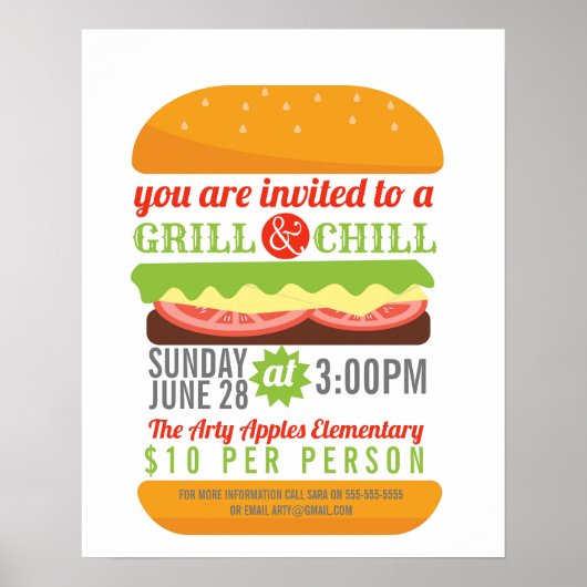 Poster BBQ chill grill collecte de fonds école PTO PTA ca (Devant)