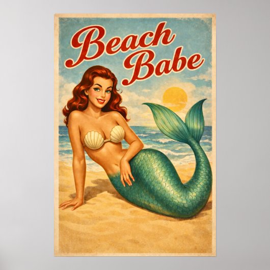 Poster Beach Babe Pin-Up Mermaid - Retro Coastal Life Art (Devant)