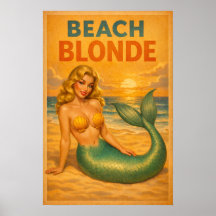 Beach Blonde Pin-Up Mermaid Retro Coastal Life Art