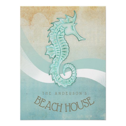 Poster Beach House Seahorse Aqua Blue ID623 (Devant)