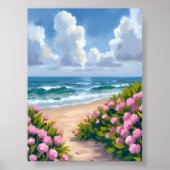 Poster Beach in Bloom | Pink Hydrangea Oceanside Coastal (Devant)