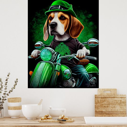 Poster Beagle Chien conduisant vélo St. Patrick's Day (Cuisine)
