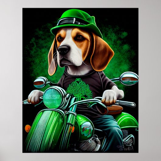 Poster Beagle Chien conduisant vélo St. Patrick's Day (Devant)