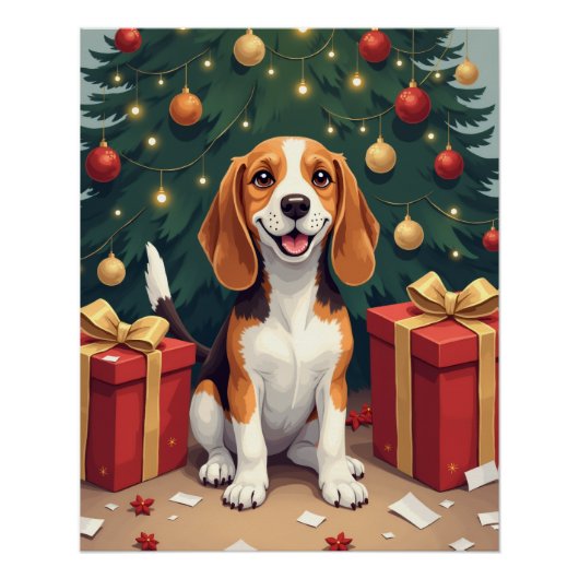 Poster Beagle Christmas Morning Gift-Unboxing Painting (Devant)