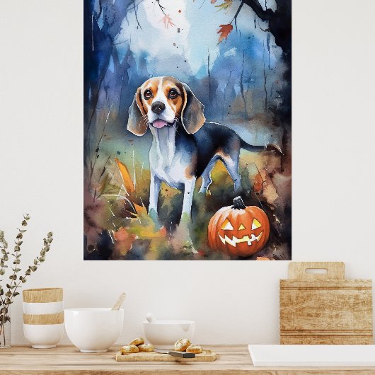 Poster Beagle d'Halloween avec peur Citrouille (Cuisine)