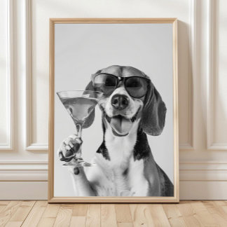 Poster Beagle Holding A Cocktail Wall Art, Black and Whit
