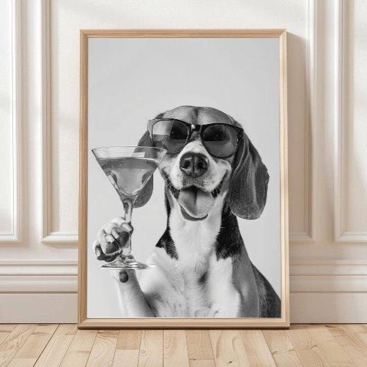 Poster Beagle Holding A Cocktail Wall Art, Black and Whit