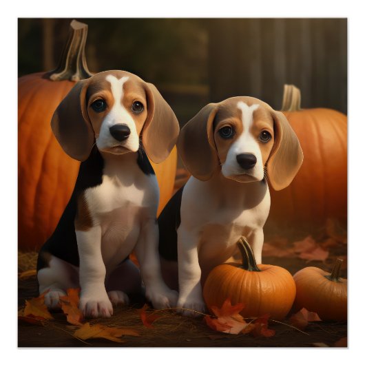 Poster Beagle Puppy Automne Citrouille de plaisir (Devant)
