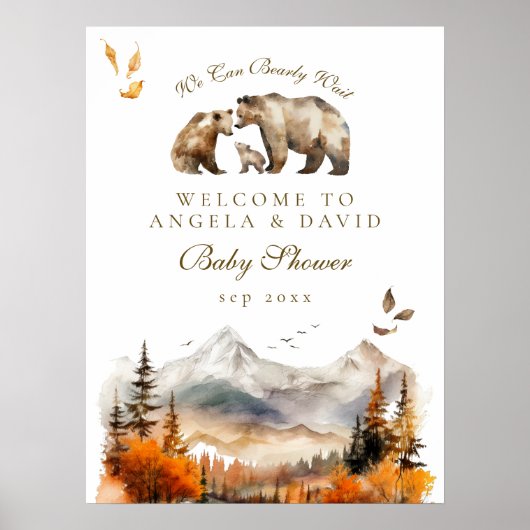 Poster Bear Adventure Fall Mountain Neutral Baby shower (Devant)