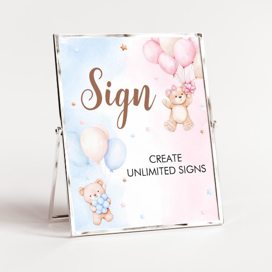 Poster Bear Balloon Gender Reveal Sign