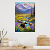 Poster Bear Cub Snow Mountain Meadow Fleurs sauvages pein (Cuisine)