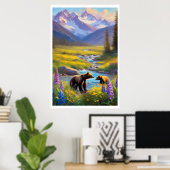 Poster Bear Cub Snow Mountain Meadow Fleurs sauvages pein (Bureau à domicile)