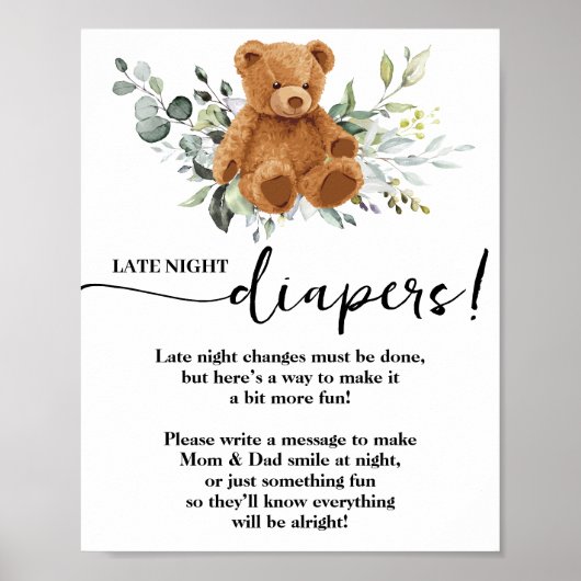 Poster Bear Greenery Late Night Diapers Baby shower Jeu (Devant)