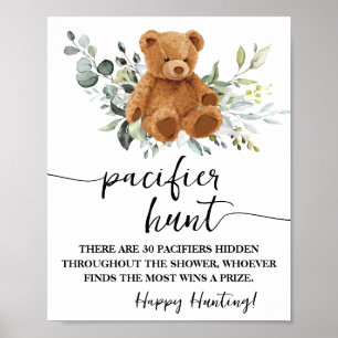 Poster Bear Greenery Pacifier Chasse Baby shower Jeu