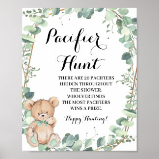 Poster Bear Greenery Pacifier chasse Baby shower Jeu