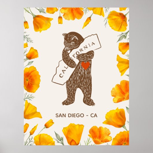 Poster Bear Hugging California Map Poppies Custom (Devant)