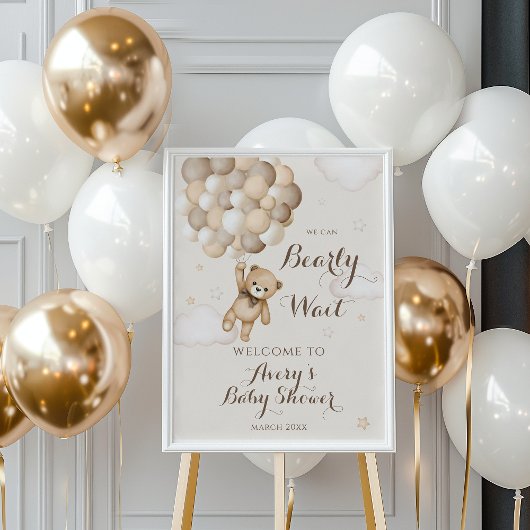 Poster Bearly Wait Brown Bear Balloon Baby shower