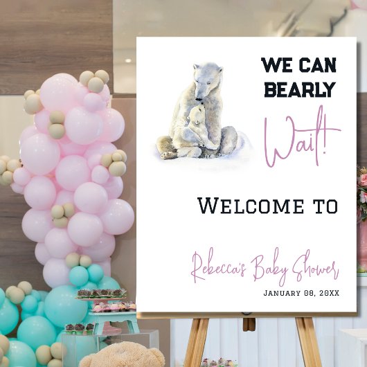 Poster Bearly Wait Polaire Ours rose Baby shower d'hiver