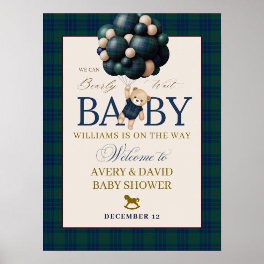 Poster Bearly Wait Preppy Teddy Balloon Baby Shower (Devant)