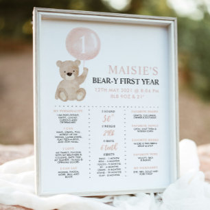 Poster Béary 1er Anniversaire Jalon Pink Fille Ours Signa