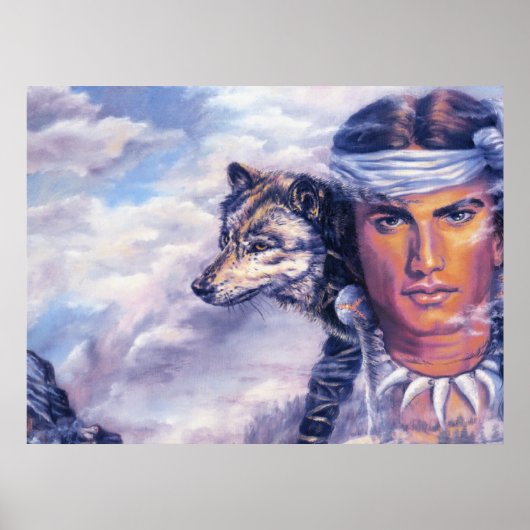 Poster Beau Amérindien Avec Loup (Devant)
