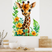 Poster Beau Animal Giraffe Aux Fleurs Oranges (Cuisine)