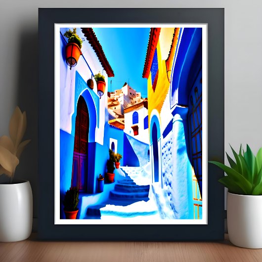 Poster Beau Chefchaouen Marocain Bleu Ville Pop Art