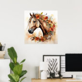 Poster Beau Cheval aux jolies fleurs Aquarelle (Bureau à domicile)