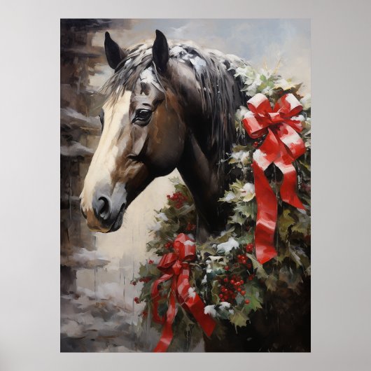 Poster Beau Cheval avec Wreath hiver Noël (Devant)