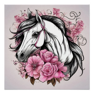 Poster Beau Cheval Blanc avec Fleurs Roses