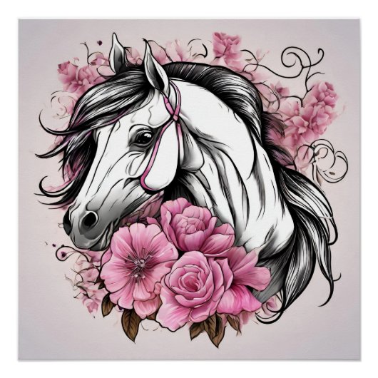 Poster Beau Cheval Blanc avec Fleurs Roses (Devant)