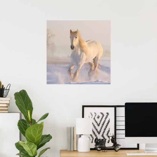 Poster Beau Cheval Blanc Galloping dans la neige (Bureau à domicile)