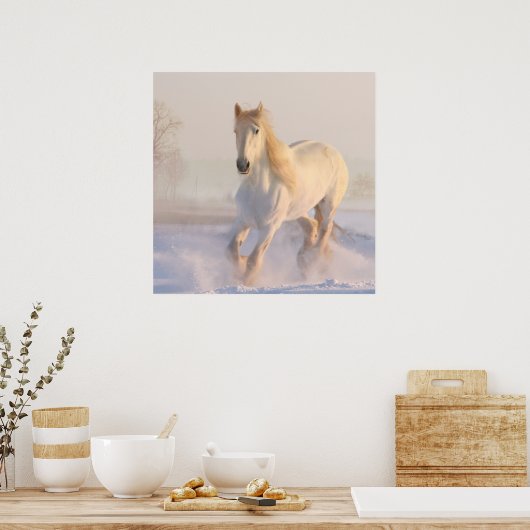 Poster Beau Cheval Blanc Galloping dans la neige (Cuisine)