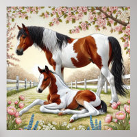 Beau cheval et poulain dans un verger en fleurs
