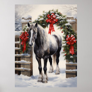 Poster Beau Cheval gris avec Garland d'hiver Noël