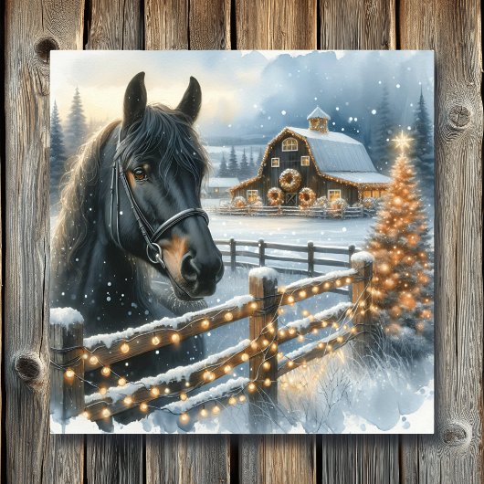 Poster Beau Cheval Noir Festif à la ferme Noël