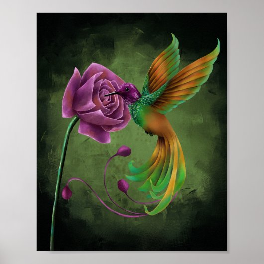Poster Beau colibri et fleurs pourpres (Devant)