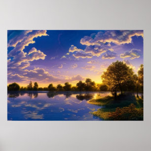 Poster Beau coucher de soleil bleu ciel nuages d'eau arbr