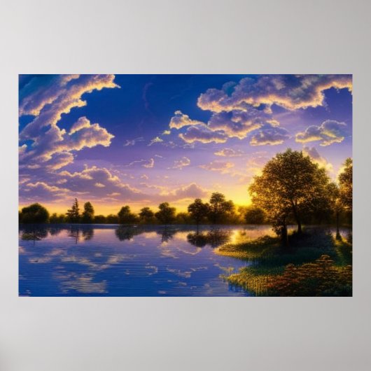 Poster Beau coucher de soleil bleu ciel nuages d'eau arbr (Devant)