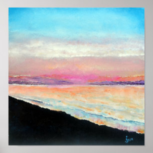Poster Beau Coucher De Soleil De Plage Peint En Pastels D