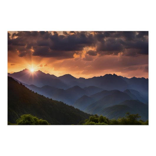 Poster Beau Coucher De Soleil Sur Les Montagnes (Devant)