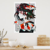 Poster Beau dessin - Anime Girl with Koi Fish (Cuisine)