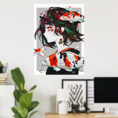 Poster Beau dessin - Anime Girl with Koi Fish (Bureau à domicile)
