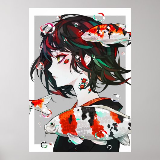 Poster Beau dessin - Anime Girl with Koi Fish (Devant)