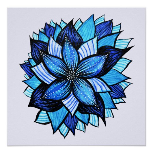 Poster Beau dessin d'encre de fleur bleue Abstraite (Devant)